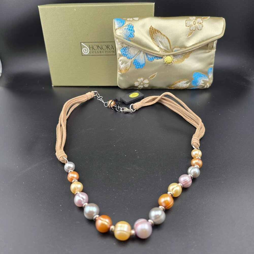 NWT Honora Multi-Color Cultured Pearl Necklace Tan Cord Adjustable Box & Bag - Picture 6 of 10